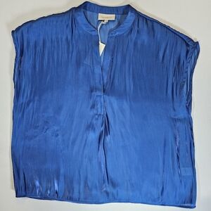 Melloday Womens Blouse XL Royal Blue‎ Sleeveless Sheer V-neck Office Career Top